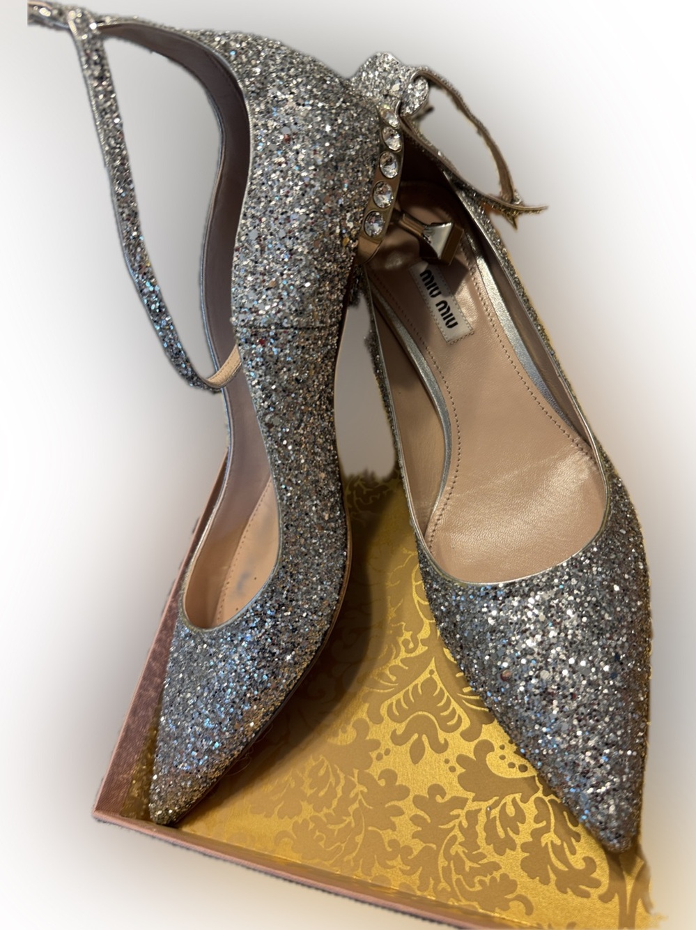 Miu Miu Silver Glitter Pointed Ankle-Strap Pumps with Crystal Embellishment 40.5